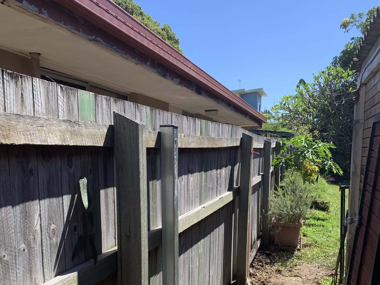 The same fence standing straight on new galvanised steel posts