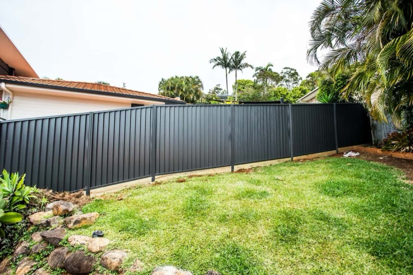 Dark Colorbond fence across the back of a lawn